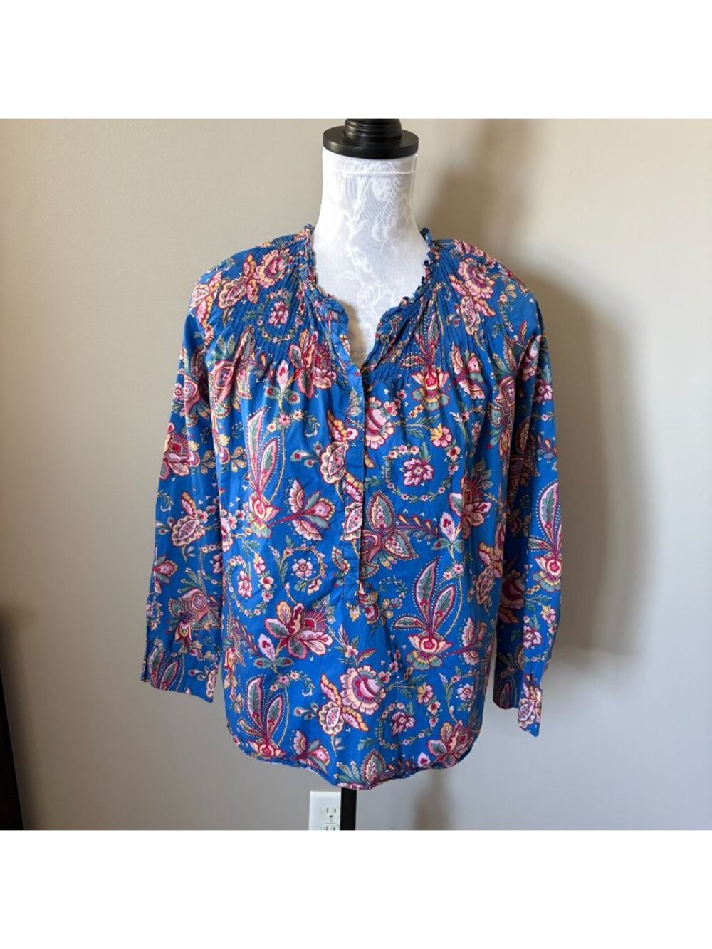 J Crew Liberty London Popover Top Blouse Blue Floral Womens Size 10